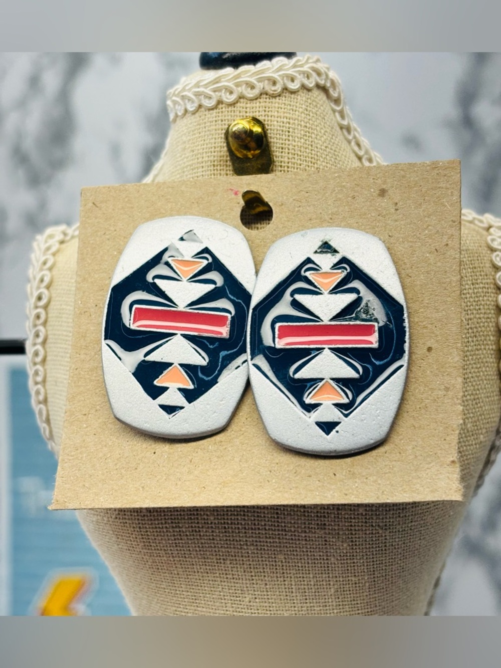 Vintage Silver White Navy Red and Peach Geometric Southern Earrings post